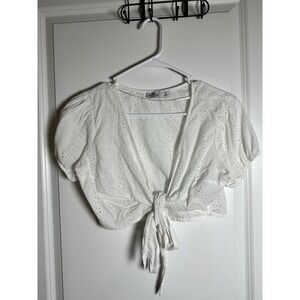 Hollister White Eyelet Tie Front Crop Top Short Sleeve Women's Size S